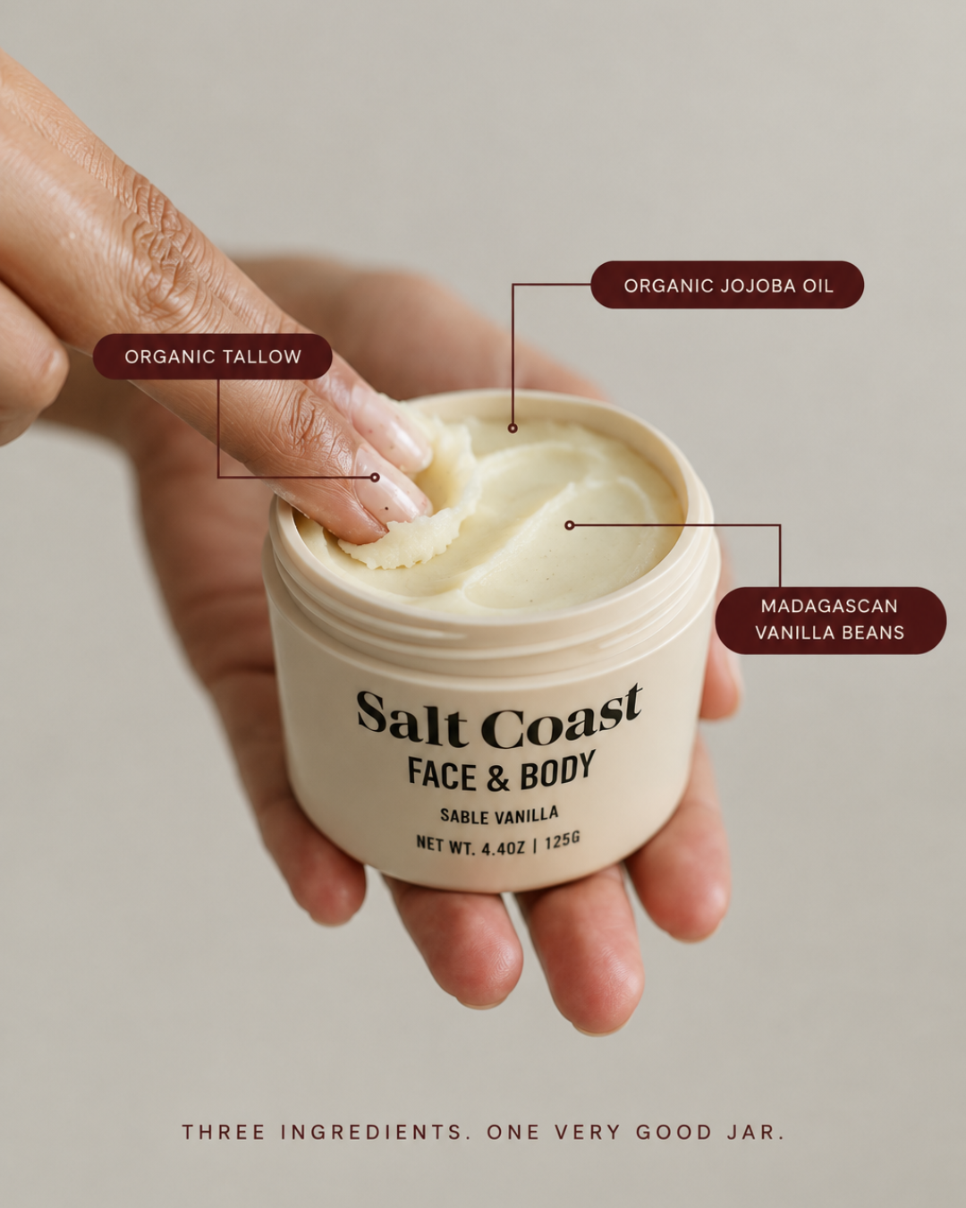 Open jar of Sable Vanilla tallow balm labelled with its three ingredients: organic tallow, organic jojoba oil and Madagascan vanilla beans