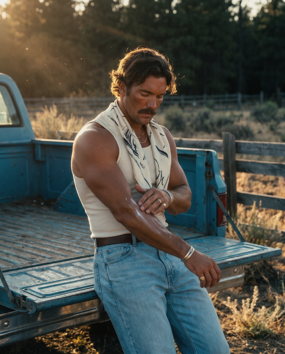 Man sitting on the tailgate of a vintage blue pickup at sunset
