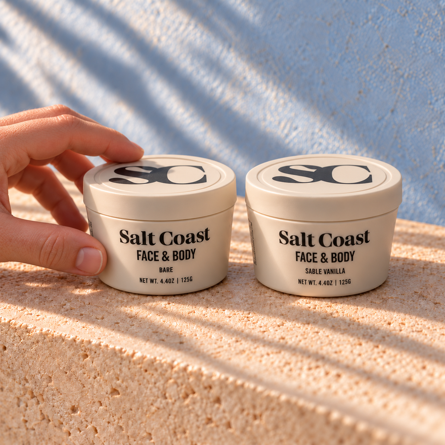 Salt Coast tallow balm duo: Bare and Sable Vanilla 125g jars side by side